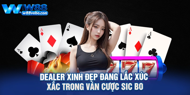 Khám Phá Sức Hút Của Sic Bo Trực Tuyến Và Bí Kíp Chinh Phục Tại W88 3 Dealer xinh đẹp đang lắc xúc xắc trong ván cược sic bo